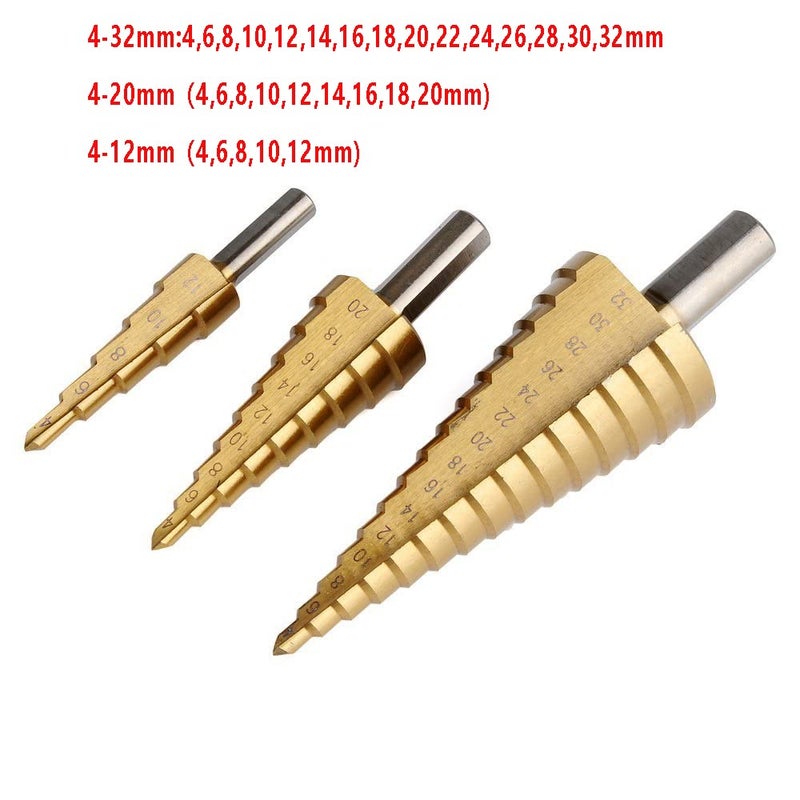 Chiloskit 3 Pcs HSS Step Drill Bit, High Speed Steel Titanium Coated Large Hole Step Bits for Metal Wood Plastic, 4-12/20/32mm - Image 2